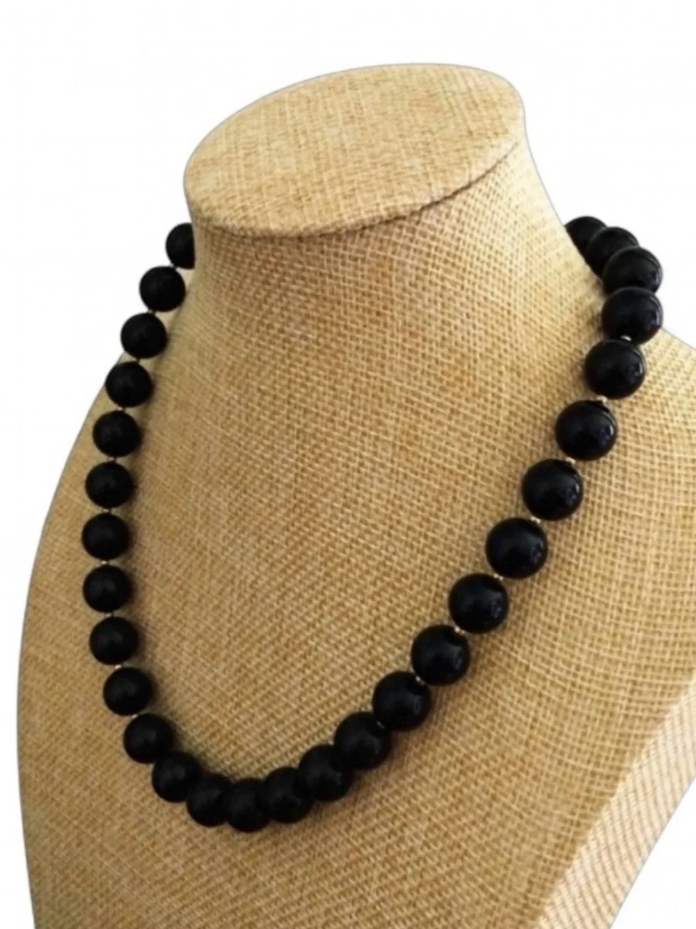 Vintage Black Lucite Necklace - Gold‑Tone Spacers, Hidden Clasp, 16.5